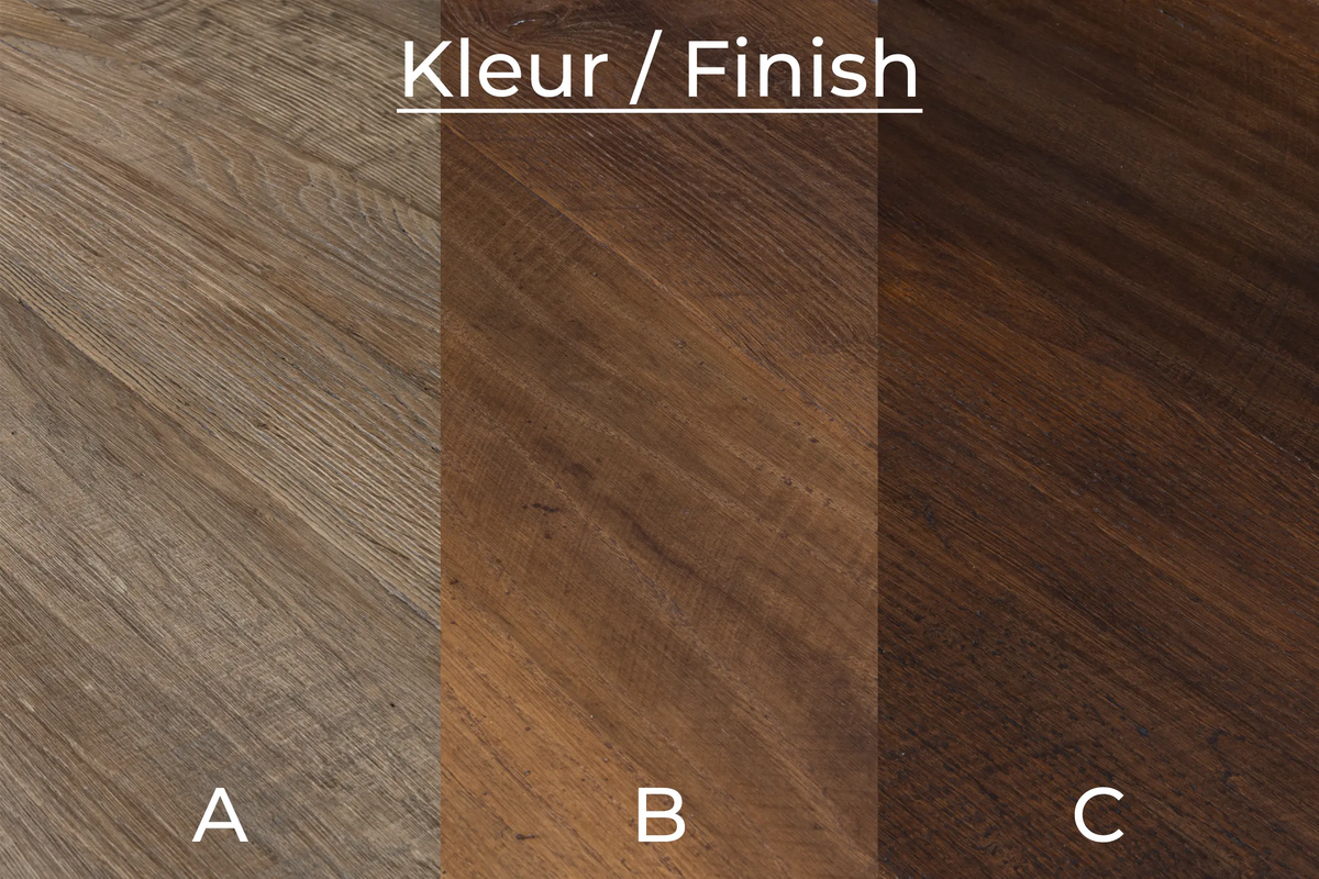 Foto met keuzeopties voor de kleur en afwerking (finish) van de tafel. Andere kleuren en afwerkingen zijn op aanvraag mogelijk. Wij maken alles speciaal voor u met de hand op maat.