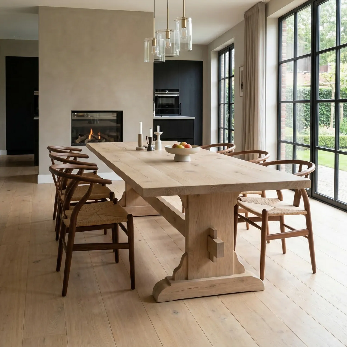 Eikenhouten eettafel in minimalistische stijl in huiskamer