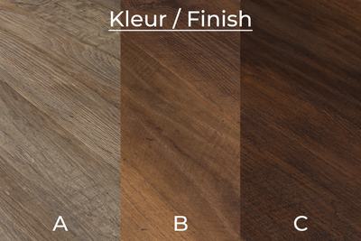 Foto met keuzeopties voor de kleur en afwerking (finish) van de tafel. Andere kleuren en afwerkingen zijn op aanvraag mogelijk. Wij maken alles speciaal voor u met de hand op maat.