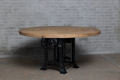 Vooraanzicht ronde eiken eettafel met in hoogte verstelbare tafelpoten