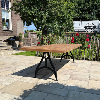 Industrie Design Gartentisch mit Tischbeine aus Gusseisen und Tischplatte aus Teakholz – T09