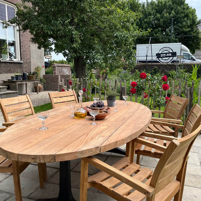 Industrie design ovaler Gartentisch aus Teakholz mit Tischbeinen aus Eisen – T14