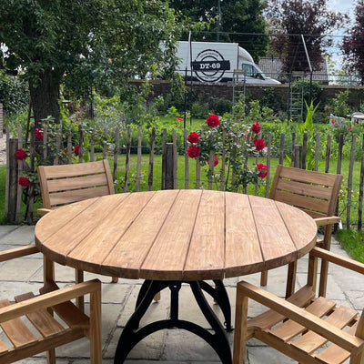 Industrie design runder Gartentisch aus Teakholz mit Eisen Tischbeinen – T17