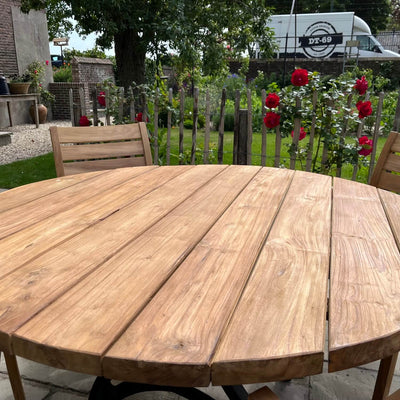 Industrie design runder Gartentisch aus Teakholz mit Eisen Tischbeinen – T17