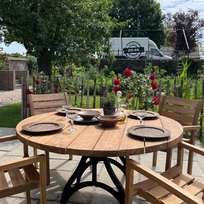 Industrie design runder Gartentisch aus Teakholz mit Eisen Tischbeinen – T17