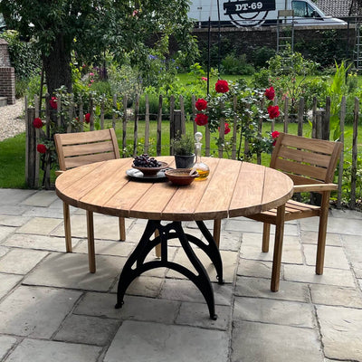 Industrie design runder Gartentisch aus Teakholz mit Eisen Tischbeinen – T17