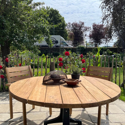 Industrie design runder Gartentisch aus Teakholz mit Eisen Tischbeinen – T18