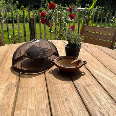 Industrie design runder Gartentisch aus Teakholz mit Eisen Tischbeinen – T18